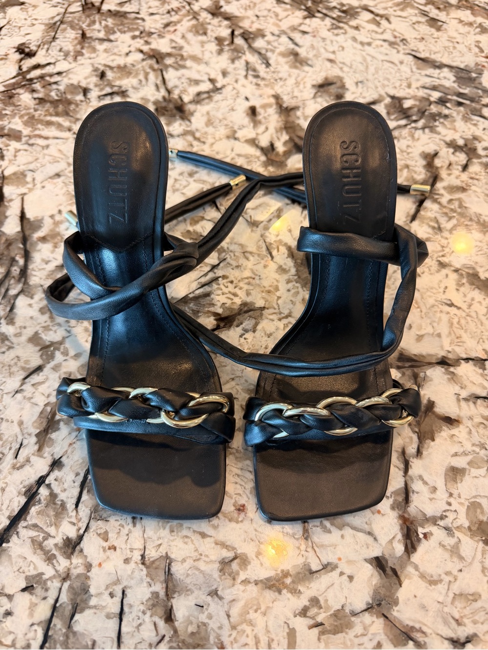 SCHUTZ Black Leather Chain-Detail Strappy Heels